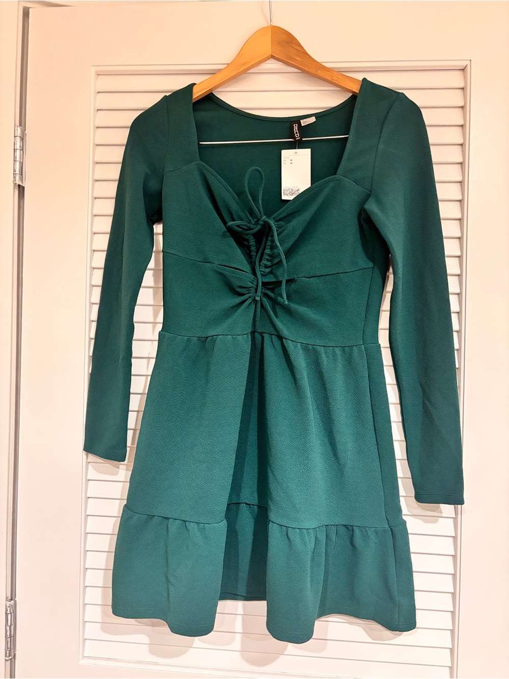 H&M Teal Green Long-Sleeve Lace-Up Tiered Mini Dress